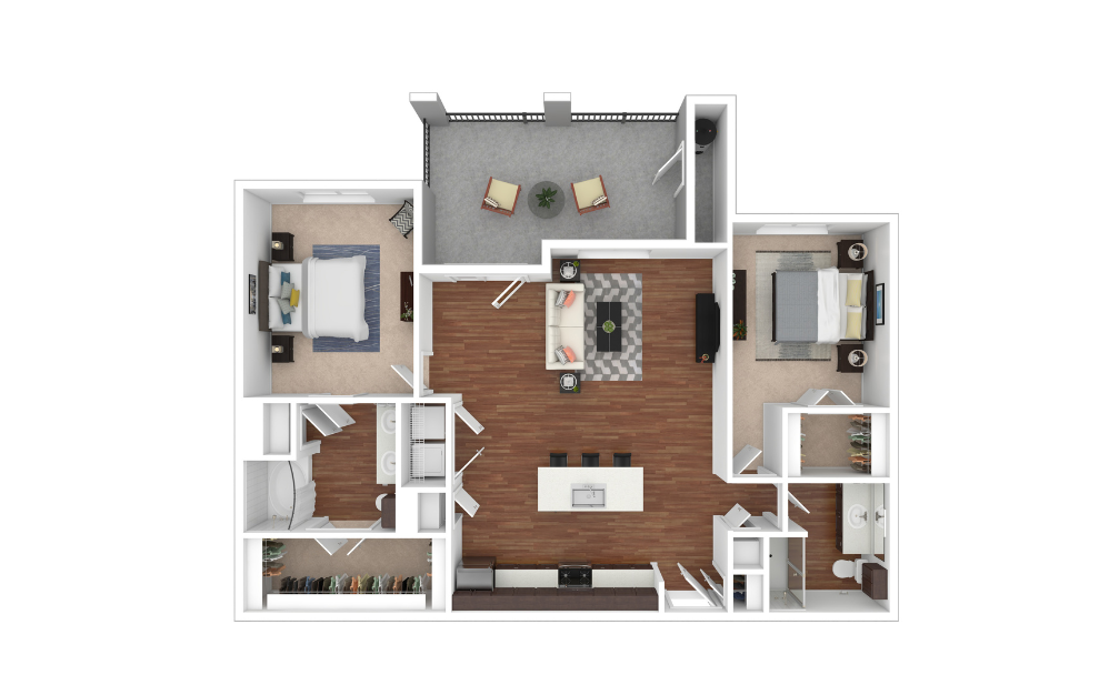 Sage - 2 bedroom floorplan layout with 2 bathrooms and 1200 square feet (Furnished, 3D)